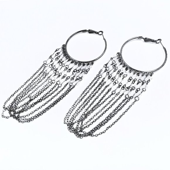 Catherine Stein Jewelry - NWT - Catherine Stein - Large Gunmetal Tone Beaded Chain Dangle Hoop Earrings
